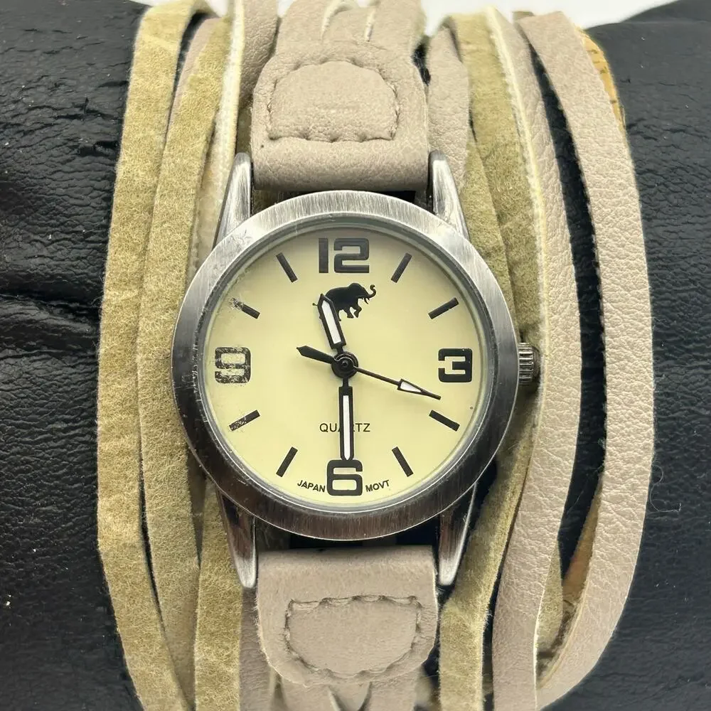 Women’s Fashion Watch Light Gray Wrap-around Leather Band Elephant Print Dial